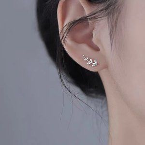 Sterling Silver With CZ Tiny Leaves Stud Earrings